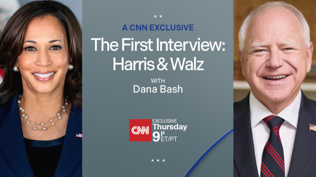 Kamala Harris and Tim Walz CNN interview banner