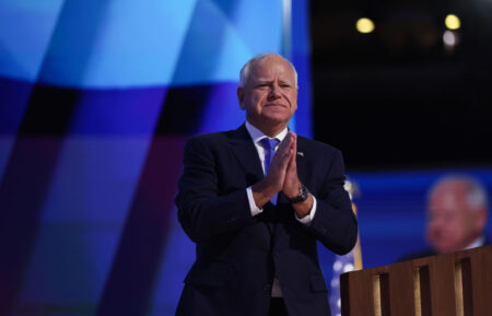 Democratic vice presidential nominee Minnesota Gov. Tim Walz reacts after accepting the vice presidential nomination during the third day of the Democratic National Convention at the United Center on August 21, 2024 in Chicago, Illinois. Delegates, politicians, and Democratic Party supporters are in Chicago for the convention, concluding with current Vice President Kamala Harris accepting her party's presidential nomination. The DNC takes place from August 19-22.