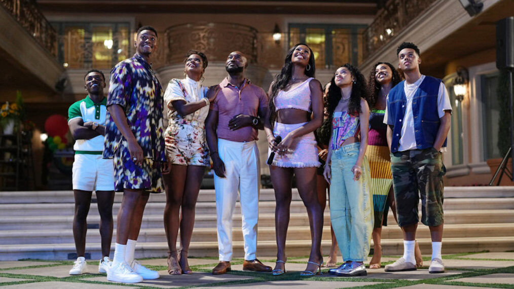 Olly Sholotan as Carlton, Justin Cornwell as Lamarcus, Cassandra Freeman as Vivian, Adrian Holmes as Philip, Coco Jones as Hilary, Akira Akbar as Ashley, Simone Joy Jones as Lisa, Jabari Banks as Will in 'Bel-Air' Season 3 Episode 1 - 'Baby, I'm Back'