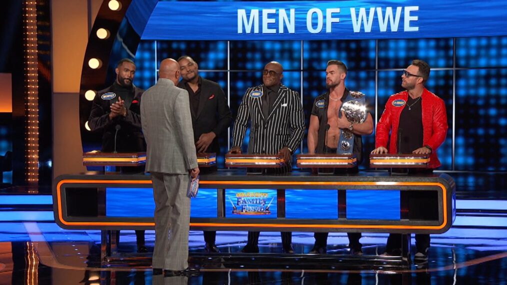 The men of WWE on 'Celebrity Family Feud' with Steve Harvey