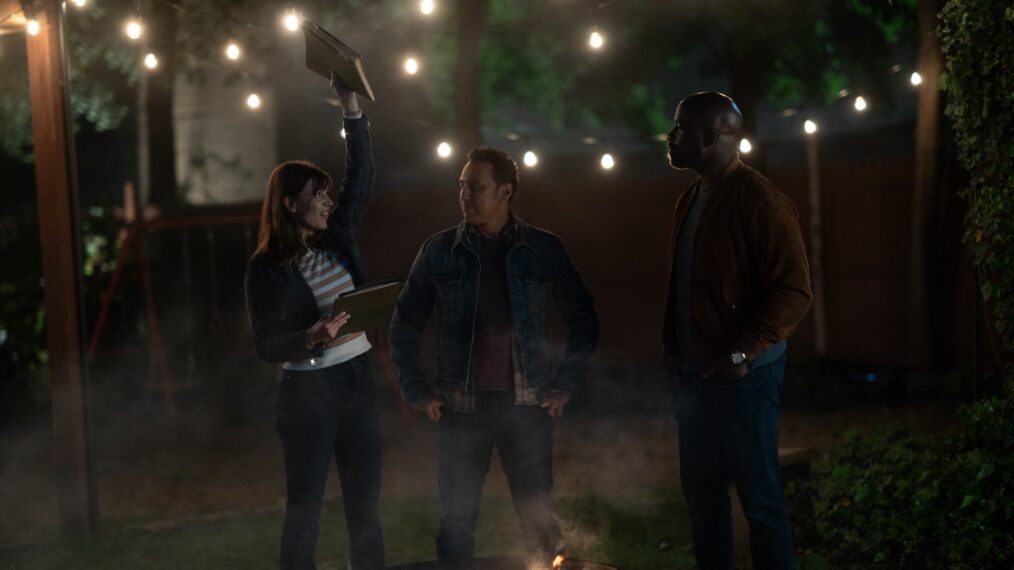 Katja Herbers as Kristen Bouchard, Aasif Mandvi as Ben Shakir and Mike Colter as David Acosta in the 'Evil' series finale 