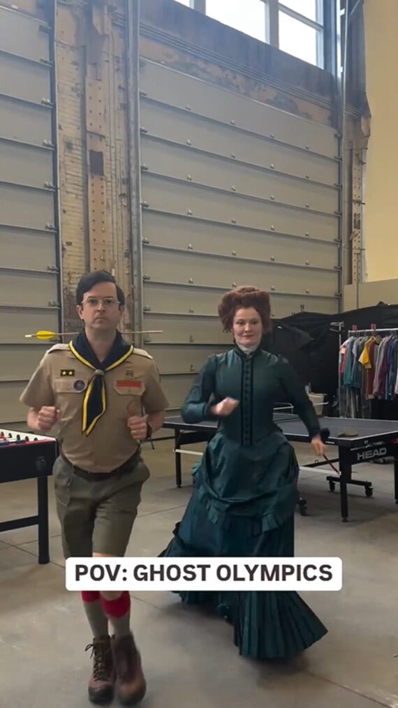 Richie Moriarty and Rebecca Wisocky behind the scenes of 'Ghosts' Season 4