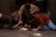 Matthew Perry as Chandler Bing, Jennifer Aniston as Rachel Green, and Matt LeBlanc as Joey Tribbiani in 'Friends'