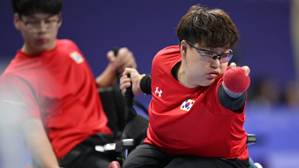 Soyeong Jeong of Team Republic of Korea takes part in a Boccia training session ahead of Paris 2024 Summer Paralympic Games at South Paris Arena 1 on August 27, 2024 in Paris, France.