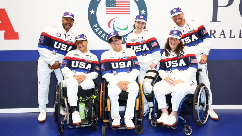 Olympians Byron Branch, Jataya Taylor, Noah Hanssen, Victoria Isaacson, Ellen Geddes and Garrett Schoonover pose for a photo at the Team USA Welcome Experience ahead of Paralympics Paris 2024 on August 27, 2024 in Paris, France.