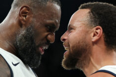 Lebron James #6 and Stephen Curry #4 of Team United States celebrate after their team's win against Team Serbia during a Men's basketball semifinals match between Team United States and Team Serbia on day thirteen of the Olympic Games Paris 2024 at Bercy Arena on August 08, 2024 in Paris, France.