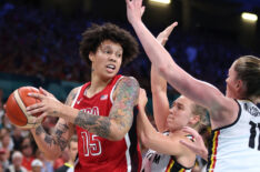 Brittney Griner #15 of Team United States grabs a rebound over Elise Ramette #4 of Team Belgium during a Women's Basketball Group Phase - Group C game between the United States and Belgium on day six of the Olympic Games Paris 2024 at Stade Pierre Mauroy on August 01, 2024 in Lille, France.