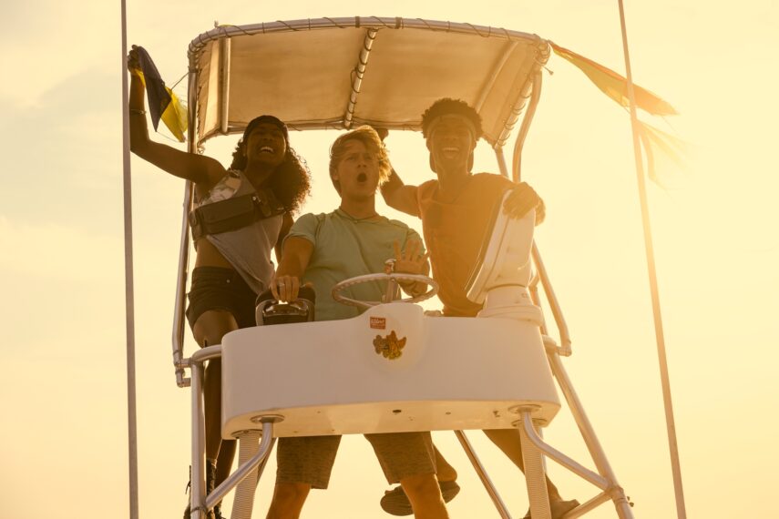 Carlacia Grant as Cleo, Rudy Pankow as JJ, Jonathan Daviss as Pope in episode 401 of 'Outer Banks'