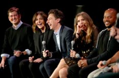 Bill Lawrence, Christa Miller, Zach Braff, Sarah Chalke and Donald Faison speak onstage during the 'Scrubs Reunion'