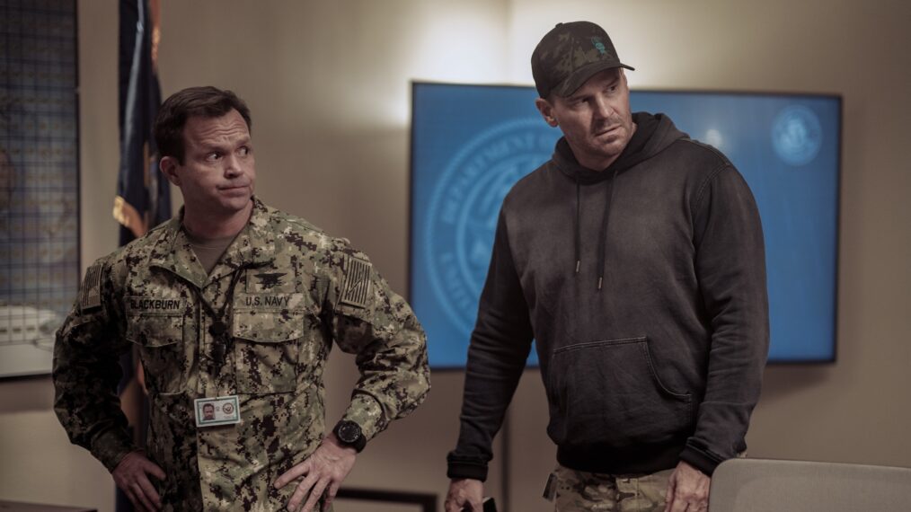 Judd Lormand as Lt. Commander Eric Blackburn and David Boreanaz as Jason Hayes in the 'SEAL Team' Season 7 Premiere 