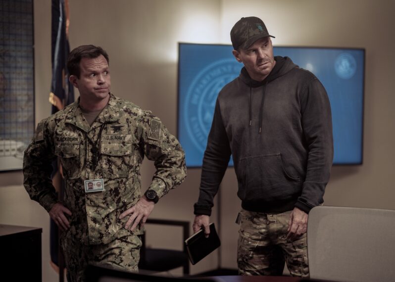 Judd Lormand as Lt. Commander Eric Blackburn and David Boreanaz as Jason Hayes in the 'SEAL Team' Season 7 Premiere "Chaos in the Calm"