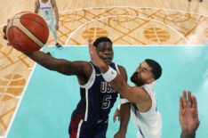 Anthony Edwards #5 of Team United States shoots over Arnaldo Toro #41 of Team Puerto Rico during a Men's basketball group phase-group C game between the United States and Puerto Rico on day eight of the Olympic Games Paris 2024 at Stade Pierre Mauroy on August 03, 2024 in Lille, France.