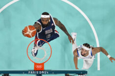 Lebron James #6 of Team United States goes up for a basket past Jose Alvarado #10 of Team Puerto Rico during a Men's basketball group phase-group C game between the United States and Puerto Rico on day eight of the Olympic Games Paris 2024 at Stade Pierre Mauroy on August 03, 2024 in Lille, France.