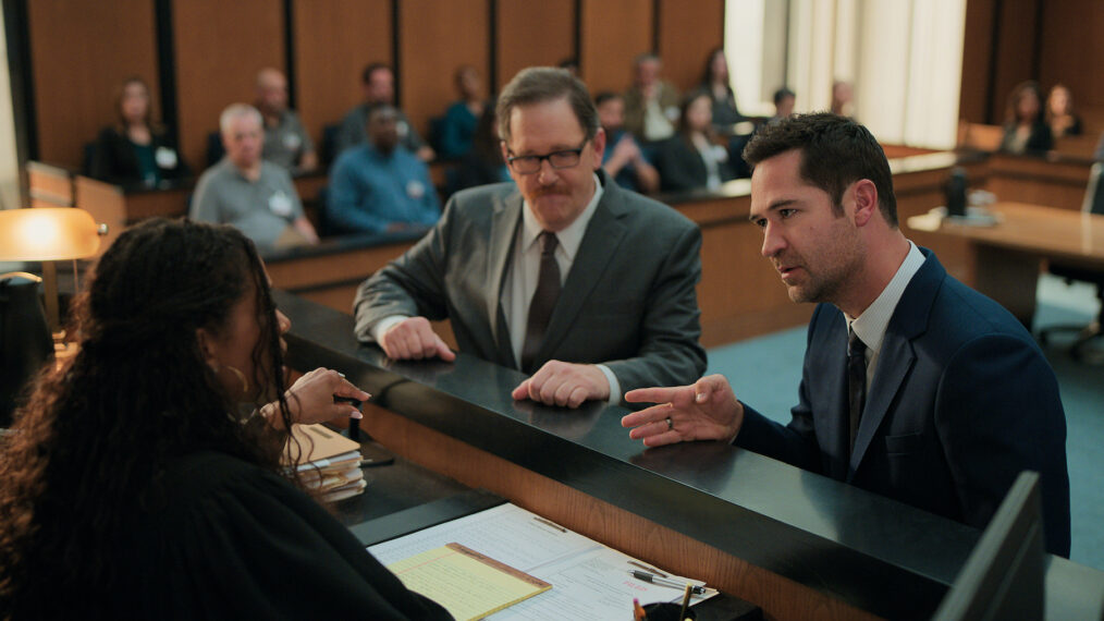 Merrin Dungey as Judge Regina Turner, John Pirruccello as William Forsythe, Manuel Garcia-Rulfo as Mickey Haller in 'The Lincoln Lawyer' Season 3 Episode 8