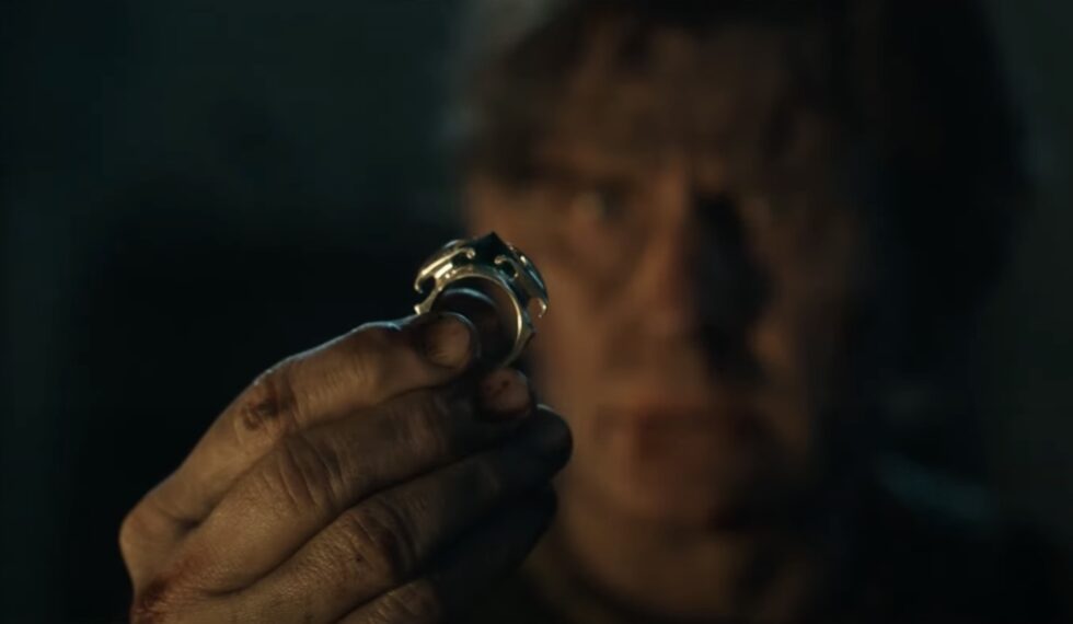 Charles Edwards as Celebrimbor holding a ring of power in Peter Mullan as King Durin III in 'The Lord of the Rings: The Rings of Power' Season 2 trailer