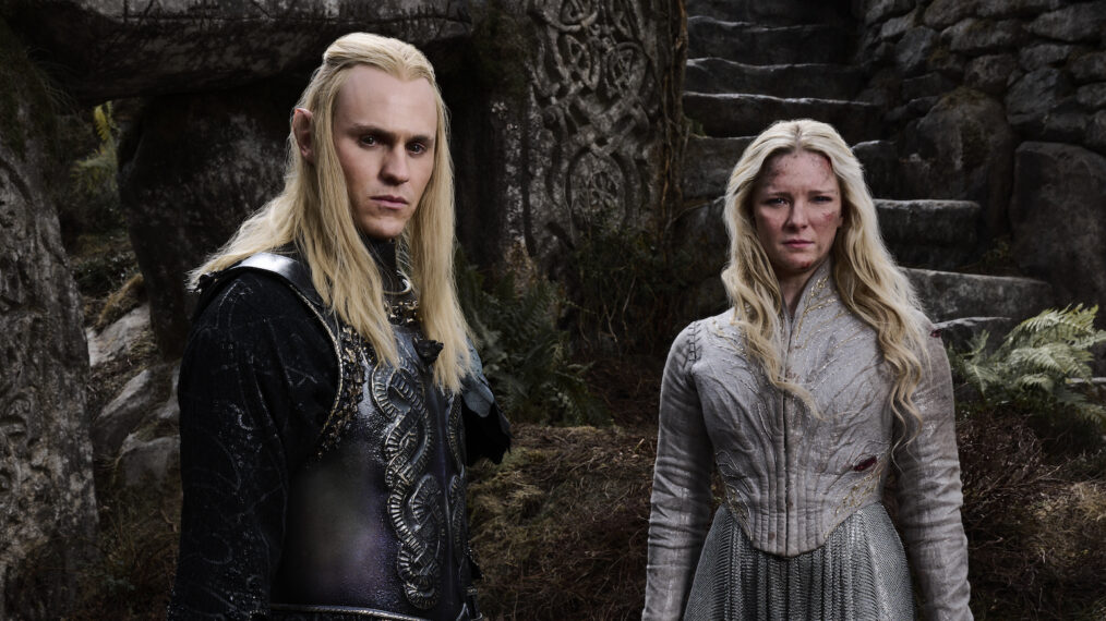 Charlie Vickers as Annatar/Sauron and Morfydd Clark as Galadriel in 'The Lord of the Rings: The Rings of Power' Season 2