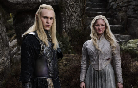 Charlie Vickers as Annatar/Sauron and Morfydd Clark as Galadriel in 'The Lord of the Rings: The Rings of Power' Season 2