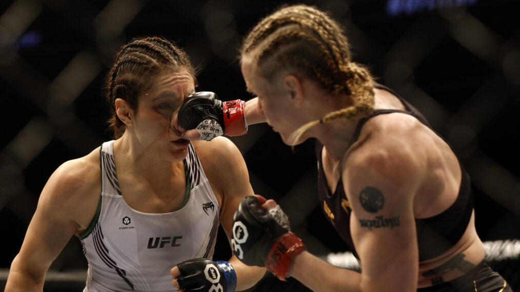 Alexa Grasso of Mexico fights Valentina Shevchenko of Kyrgyzstan in the UFC flyweight championship fight during the UFC 285 event at T-Mobile Arena on March 04, 2023 in Las Vegas, Nevada.