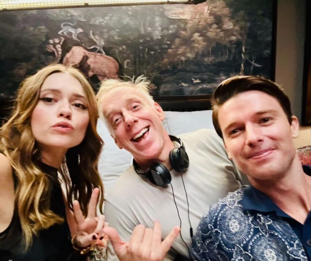 Aimee Lou Wood, Mike White, and Patrick Schwarzenegger behind the scenes of 'The White Lotus' Season 3