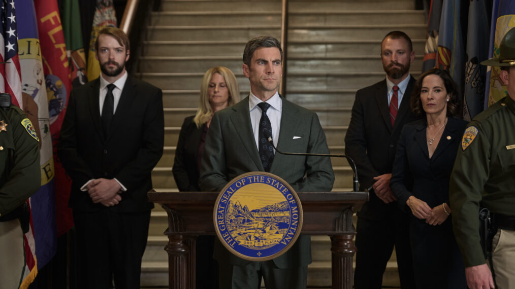 Wes Bentley as Jamie Dutton and Wendy Moniz as Governor Perry in 'Yellowstone' Season 5 Episode 9