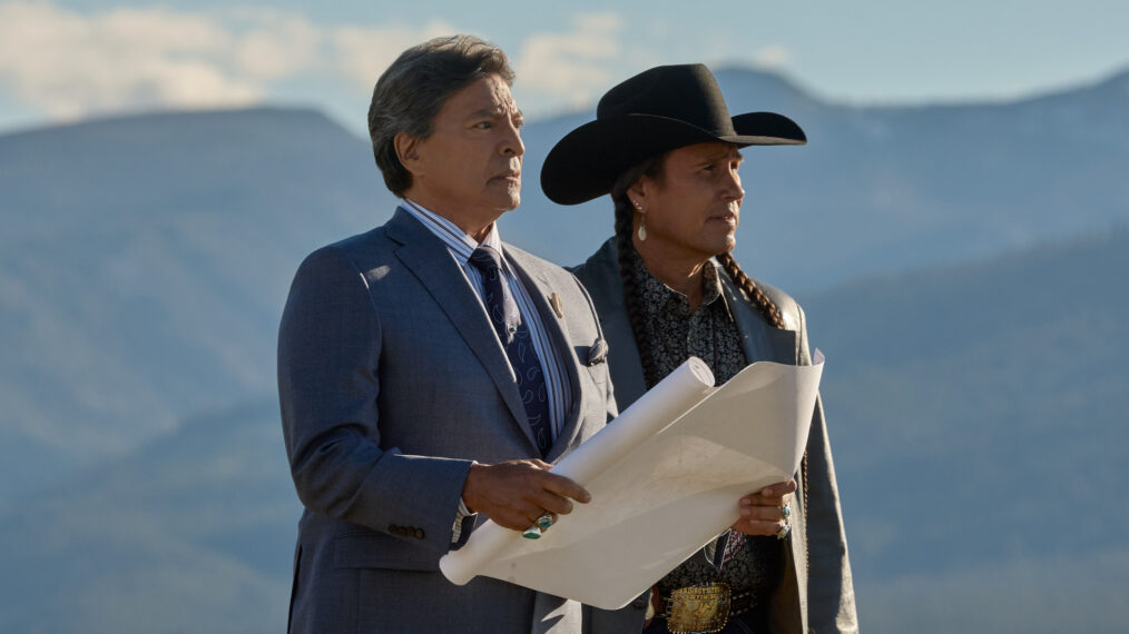 Gil Birmingham as Thomas Rainwater and Mo Brings Plenty as Mo in 'Yellowstone' Season 5 Episode 9