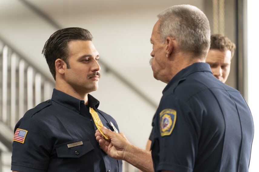 Ryan Guzman as Eddie, Brian Thompson as Gerrard - 9-1-1 Season 8 Premiere. "Buzzkill"