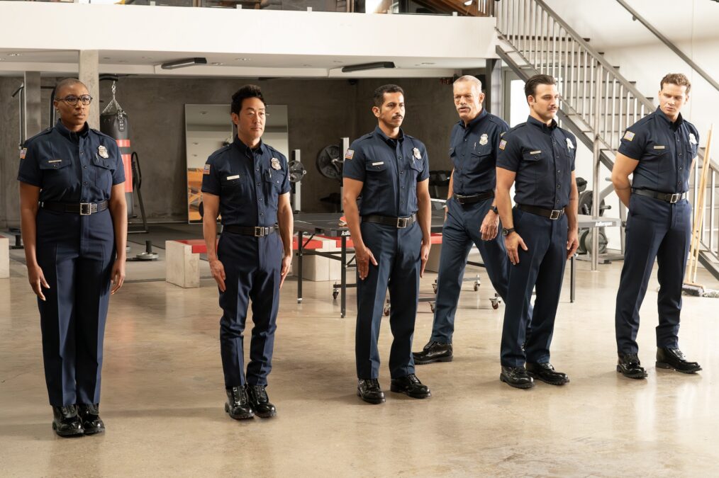 Aisha Hinds as Hen, Kenneth Choi as Chimney, Brian Thompson as Gerrard, Ryan Guzman as Eddie, Oliver Stark as Buck — '9-1-1' Season 8 Premiere 