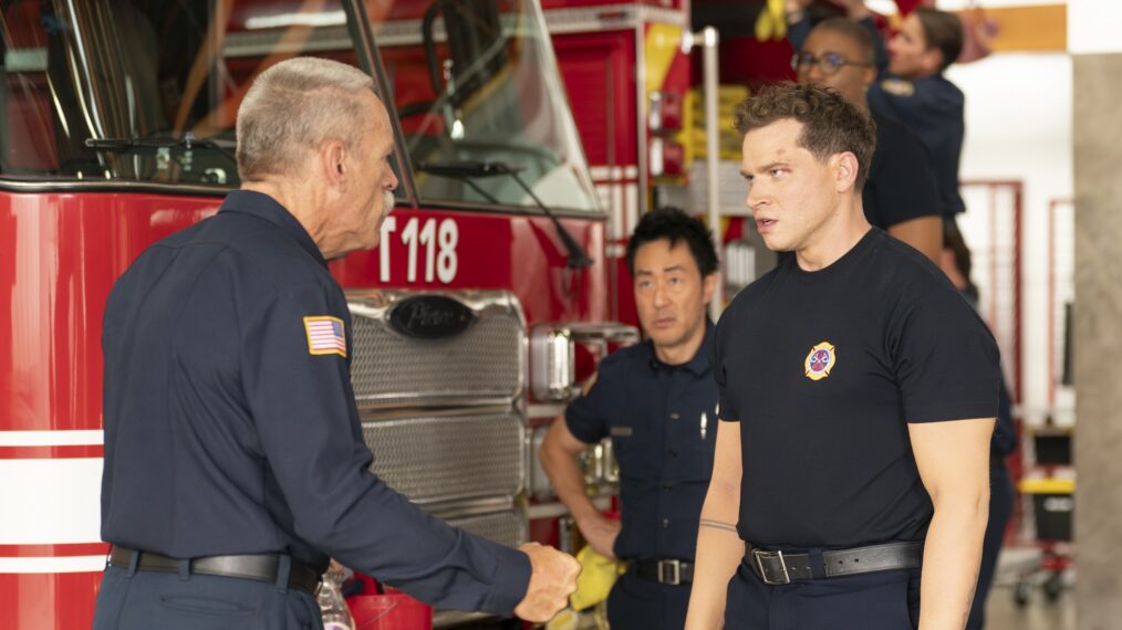 Brian Thompson as Gerrard, Oliver Stark as Buck, Kenneth Choi as Chimney — '9-1-1' Season 8 Premiere 