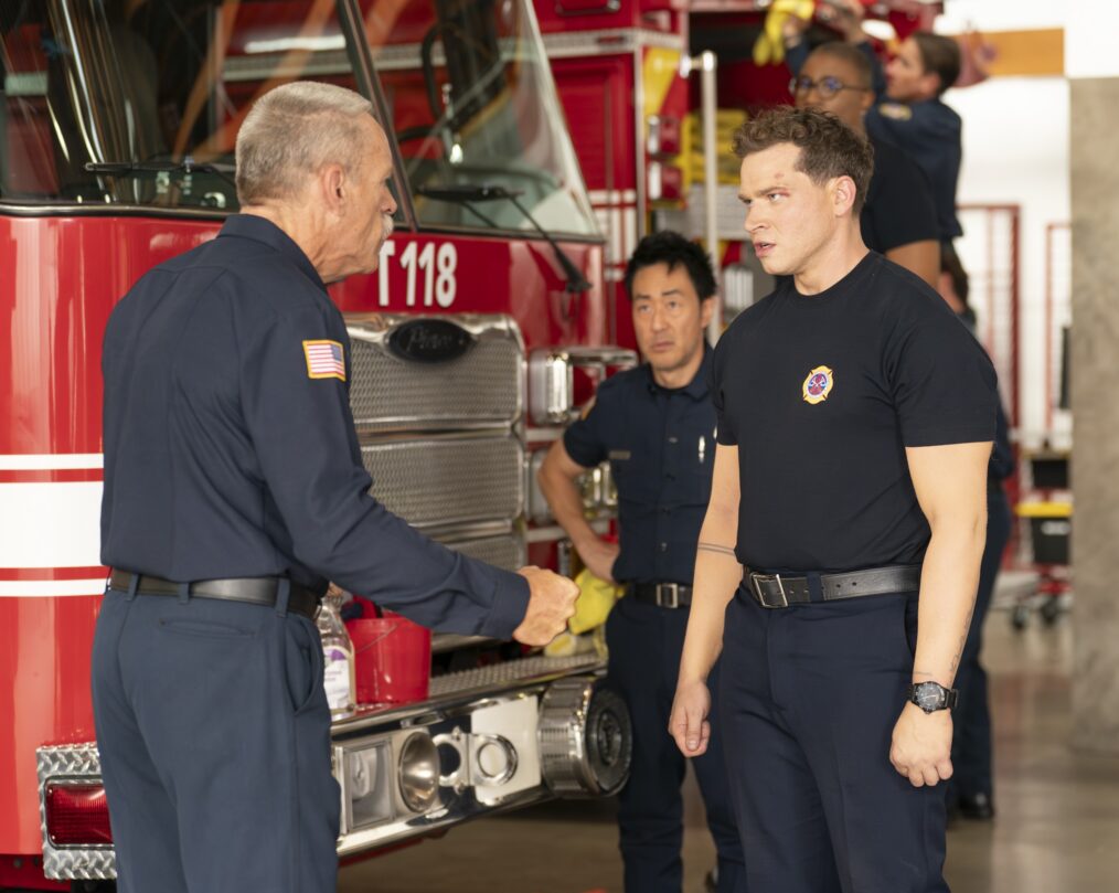 Brian Thompson as Gerrard, Oliver Stark as Buck, Kenneth Choi as Chimney — '9-1-1' Season 8 Premiere 