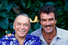 Frank Sinatra (as Retired Police Sergeant Michael Doheny) and Tom Selleck (as Magnum) in the MAGNUM P.I. episode, 'Laura.' Air date, February 5, 1987.