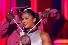 Flavor Flav and Jordan Chiles speak on stage during the 2024 MTV Video Music Awards at UBS Arena on September 11, 2024 in Elmont, New York.