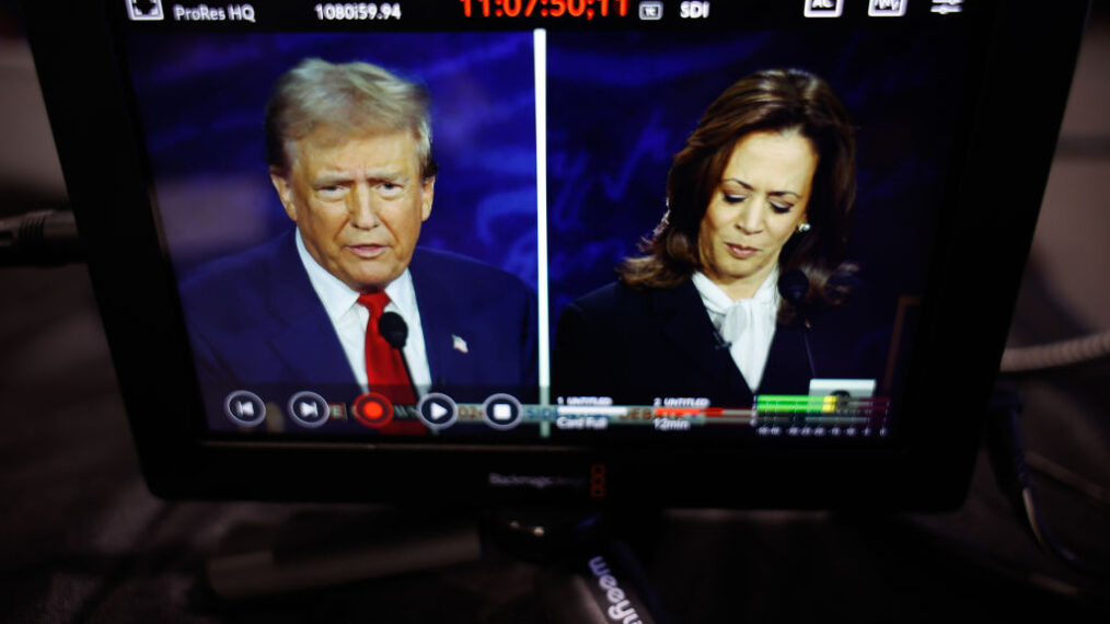 PHILADELPHIA, PENNSYLVANIA - SEPTEMBER 10: Republican presidential nominee, former U.S. President Donald Trump and Democratic presidential nominee, U.S. Vice President Kamala Harris are seen on a screen as they debate for the first time during the presidential election campaign at The National Constitution Center on September 10, 2024 in Philadelphia, Pennsylvania. After earning the Democratic Party nomination following President Joe Biden's decision to leave the race, Harris faced off with Trump in what may be the only debate of the 2024 race for the White House. (Photo by Kevin Dietsch/Getty Images)