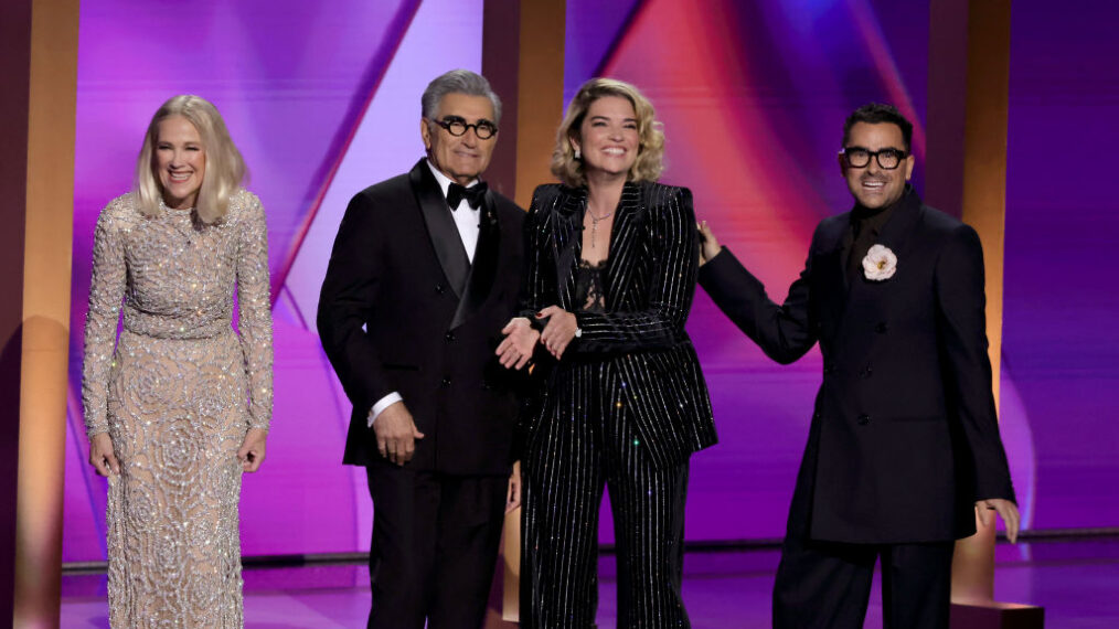 Catherine O'Hara, Eugene Levy, Annie Murphy, and Dan Levy speak onstage during the 76th Primetime Emmy Awards at Peacock Theater on September 15, 2024 in Los Angeles, California. (Photo by Kevin Winter/Getty Images)