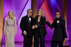 Catherine O'Hara, Eugene Levy, Annie Murphy, and Dan Levy speak onstage during the 76th Primetime Emmy Awards at Peacock Theater on September 15, 2024 in Los Angeles, California. (Photo by Kevin Winter/Getty Images)