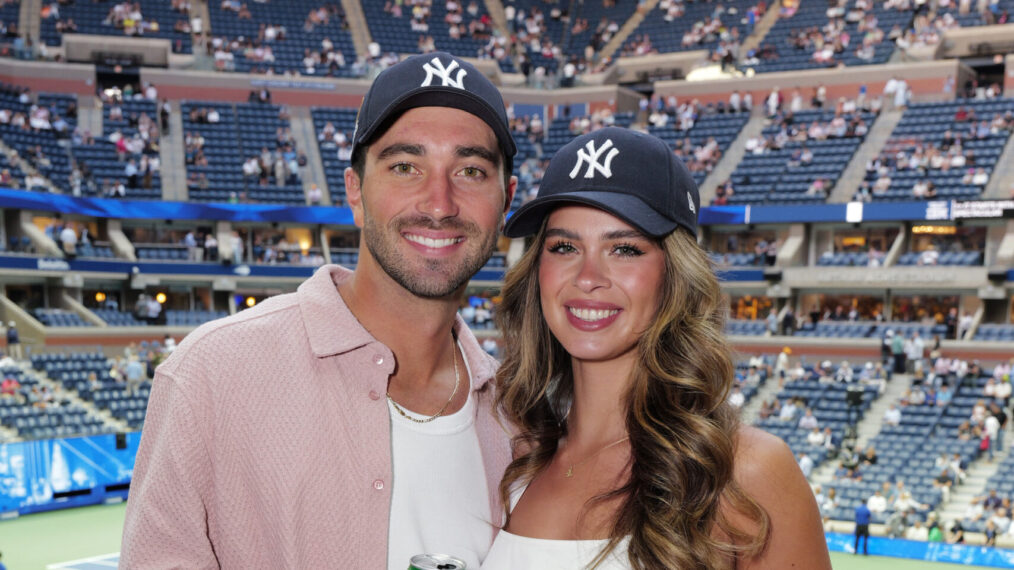 NEW YORK, NEW YORK - SEPTEMBER 04: Joey Graziadei and Kelsey Anderson enjoy a Heineken Silver at the US Open Tennis Championships - USTA Billie Jean King National Tennis Center on SEPTEMBER 04, 2024 in New York City.