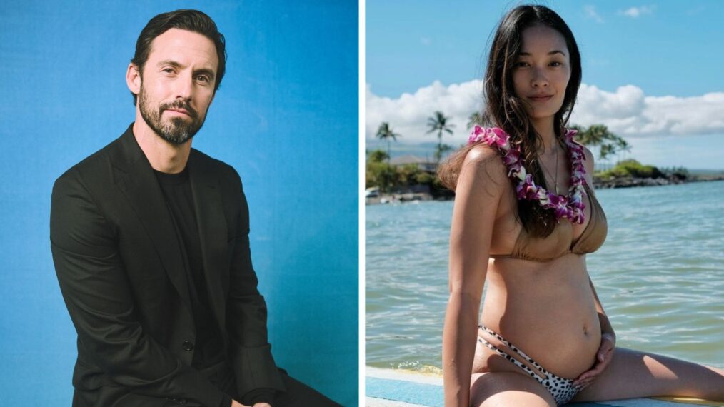 Milo Ventimiglia in front of a blue screen and Jarah Mariano on a surf board.