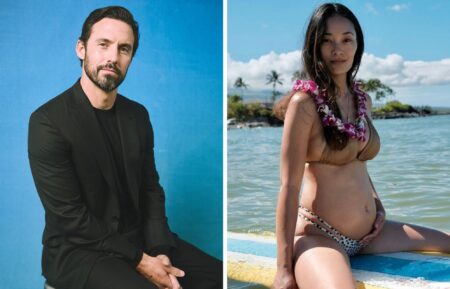 Milo Ventimiglia in front of a blue screen and Jarah Mariano on a surf board.