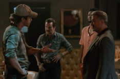 Garrett Hedlund as Mitch Keller, Max Casella as Armand Truisi, Jay Will as Tyson Mitchell, and Sylvester Stallone as Dwight 'The General' Manfredi in Tulsa King