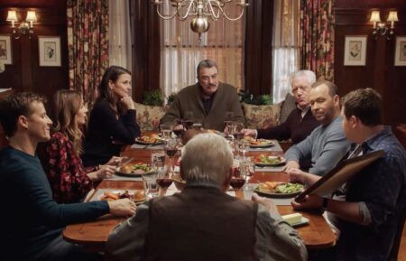 Will Estes as Jamie Reagan, Vanessa Ray as Eddie, Bridget Moynahan as Erin Reagan Boyle, Tom Selleck as Frank Reagan, Len Cariou as Henry Reagan, Gregory Jbara as DCPI Garrett Moore, Donnie Wahlberg as Danny Reagan, and Andrew Terraciano as Sean Reagan on 'Blue Bloods'