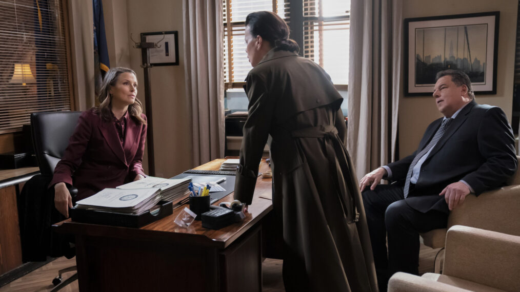 Bridget Moynahan as Erin Reagan Boyle, Debi Mazar as Eveline Ramano, and Steve Schirripa as Anthony Abetemarco in 'Blue Bloods' Season 14 Episode 11 - 'Life Sentence'