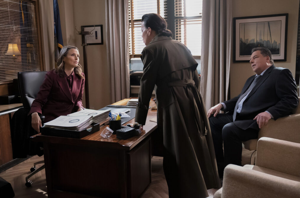 Bridget Moynahan as Erin Reagan Boyle, Debi Mazar as Eveline Ramano, and Steve Schirripa as Anthony Abetemarco in 'Blue Bloods' Season 14 Episode 11