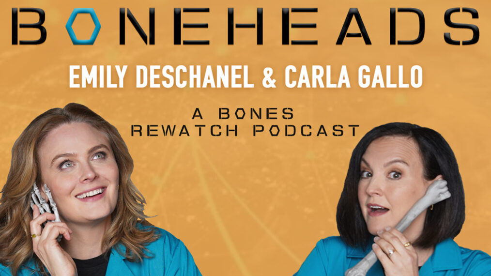 Emily Deschanel and Carla Gallo for the 'Bones' Rewatch Podcast 'Boneheads'