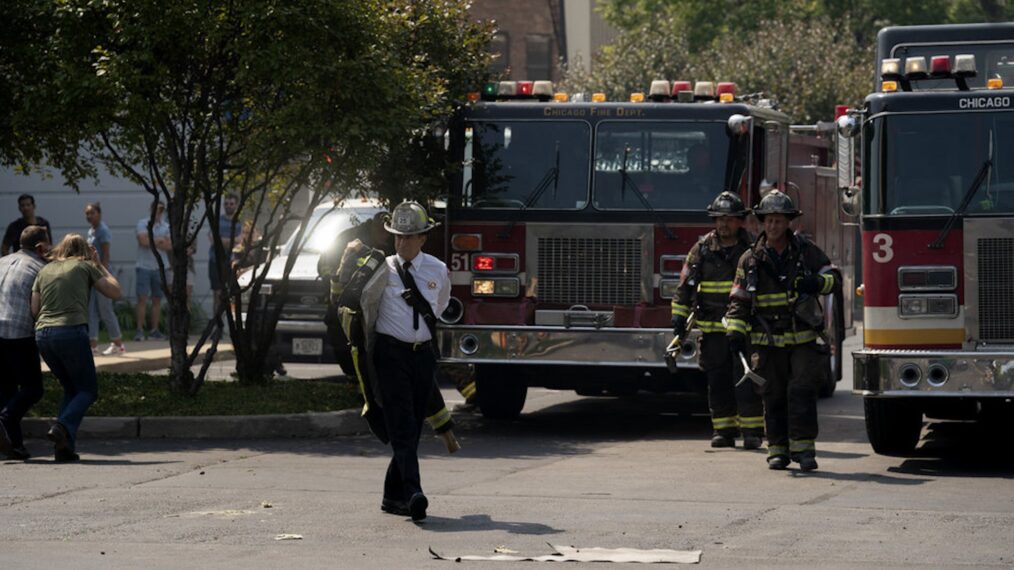 Dermot Mulroney as Chief Dom Pascal, Joe Miñoso as Joe Cruz, Taylor Kinney as Kelly Severide — 'Chicago Fire' Season 13 Premiere 