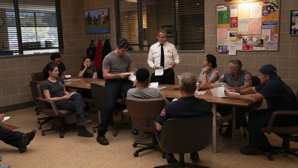 Hanako Greensmith as Violet Mikami, Jocelyn Hudon as Novak, Jake Lockett as Sam Carver, Dermot Mulroney as Chief Dom Pascal, Miranda Rae Mayo as Stella Kidd, David Eichenberg as Christopher Herrmann, Anthony Ferraris as Tony — 'Chicago Fire' Season 13 Premiere 