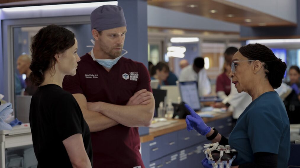 Sarah Ramos as Dr. Caitlin Lenox, Luke Mitchell as Dr. Mitch Ripley, S. Epatha Merkerson as Sharon Goodwin — 'Chicago Med' Season 10 Premiere 