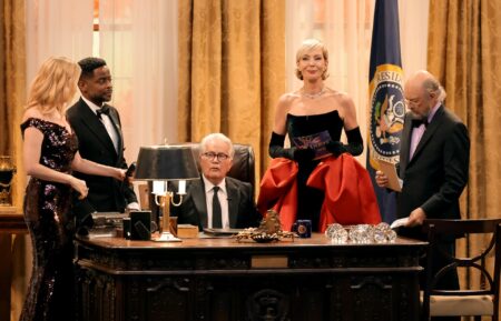 Janel Moloney, Dulé Hill, Martin Sheen, Allison Janney, and Richard Schiff speak onstage during the 76th Primetime Emmy Awards at Peacock Theater on September 15, 2024 in Los Angeles, California