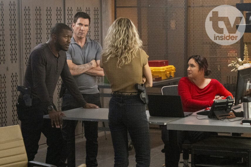 Edwin Hodge as Special Agent Ray Cannon, Dylan McDermott as Supervisory Special Agent Remy Scott, and Keisha Castle-Hughes as Special Agent Hana Gibson in the 'FBI: Most Wanted' Season 6 Premiere "Aquarium Drinker"