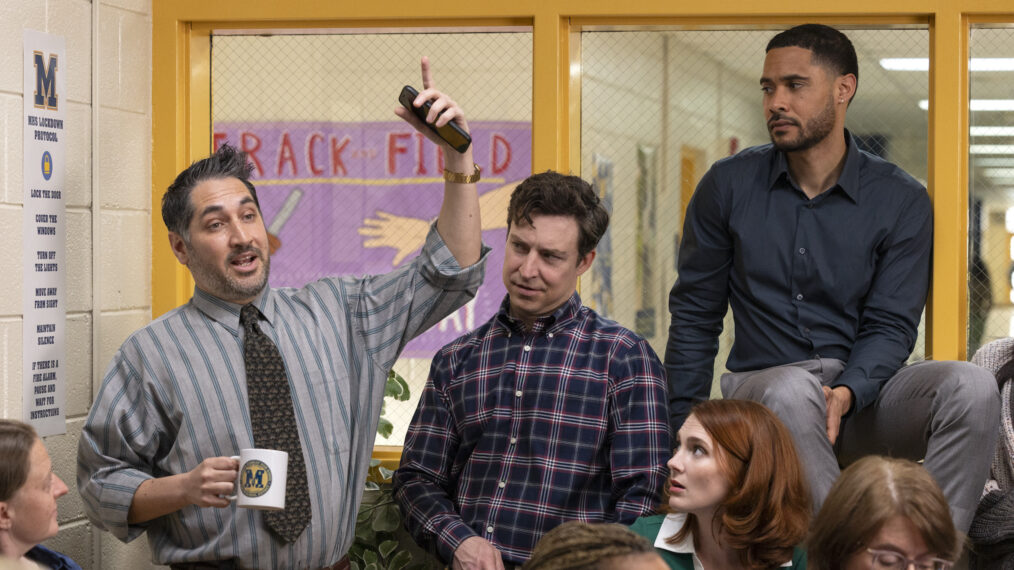 Carmen Christopher as Rick, Brian Jordan Alvarez as Evan Marquez, Stephanie Koenig as Gwen Sanders (seated), Langston Kerman as Harry in 'English Teacher' Season 1 Episode 3