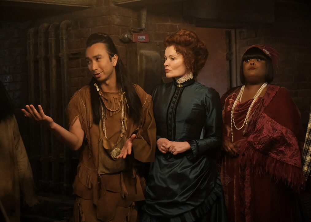 Roman Zaragoza, Rebecca Wisocky, and Danielle Pinnock in 'Ghosts' Season 4