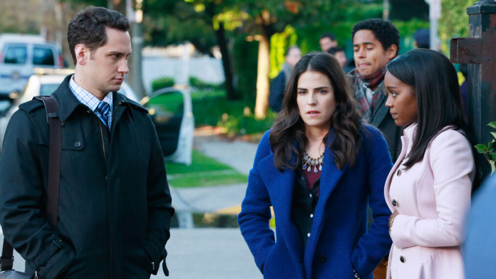 Matt McGorry as Asher Millstone, Karla Souza as Laurel Castillo, Alfred Enoch as Wes Gibbins, and Aja Naomi King as Michaela Pratt in 'How to Get Away With Murder'